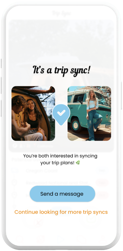 aki match screen showing two vanlifers who want to sync trip plans